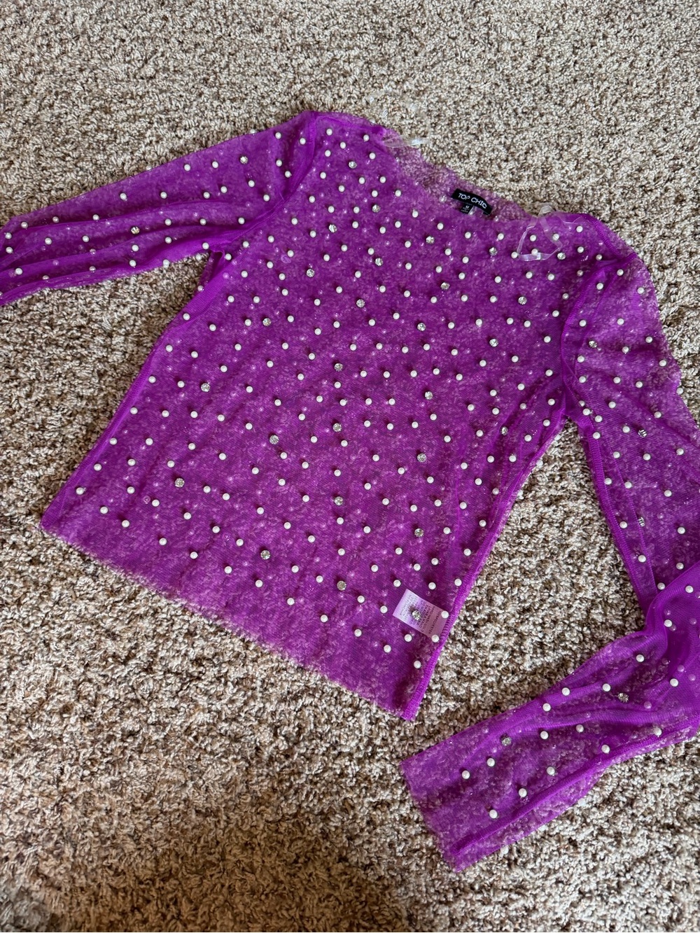 Mesh Pearl-Embellished Long-Sleeve Top - Purple
